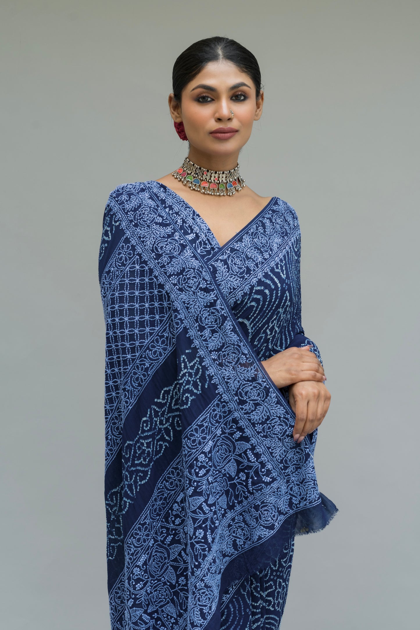 Georgette Lucknowi Rai Dana Royal Blue Bandhej Saree