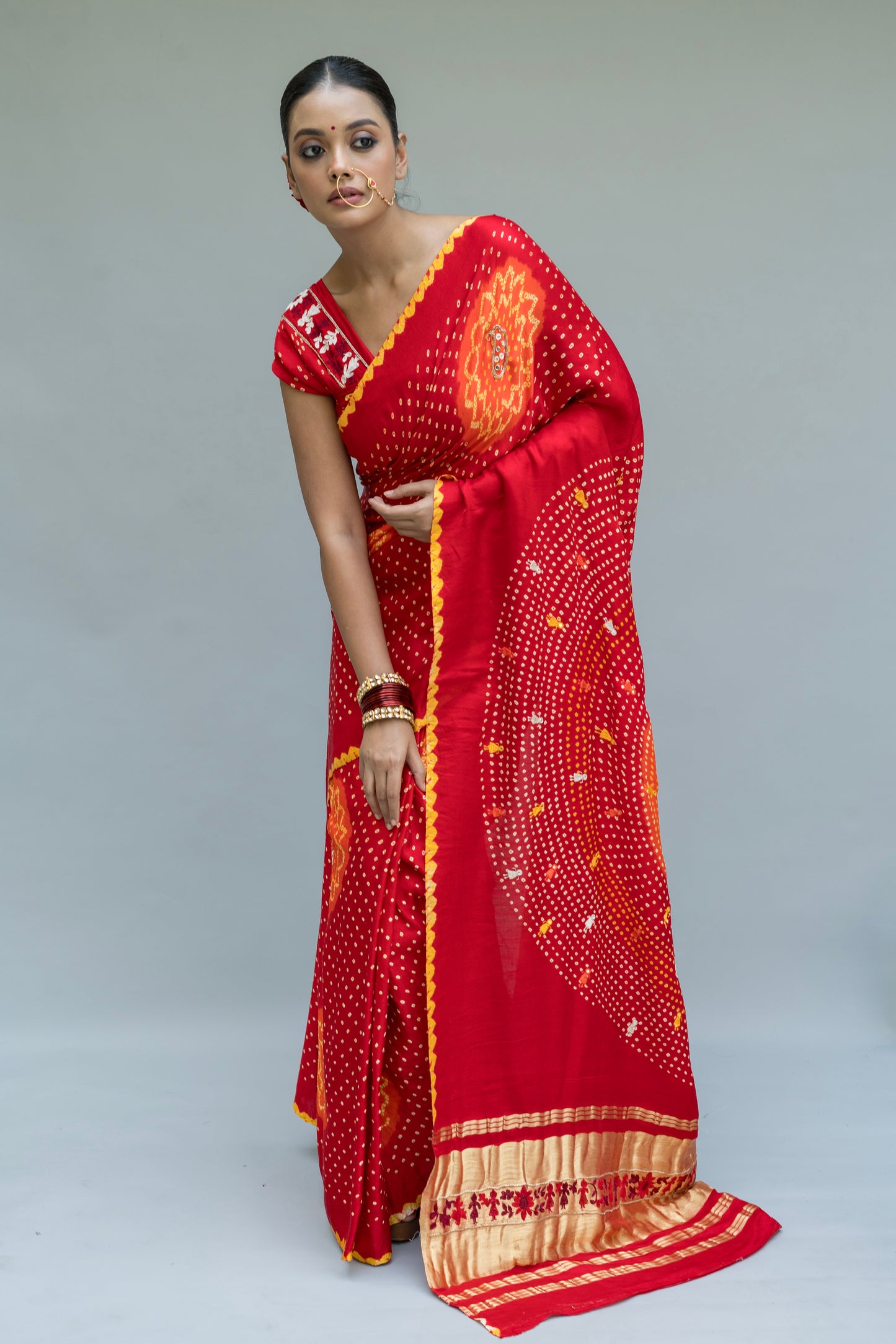 Gajji Warli Embroidered Palla Red Bandhej Saree