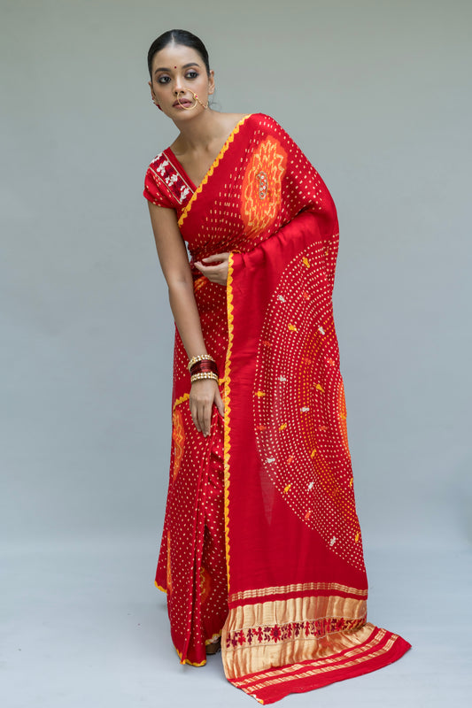 Gajji Warli Embroidered Palla Red Bandhej Saree