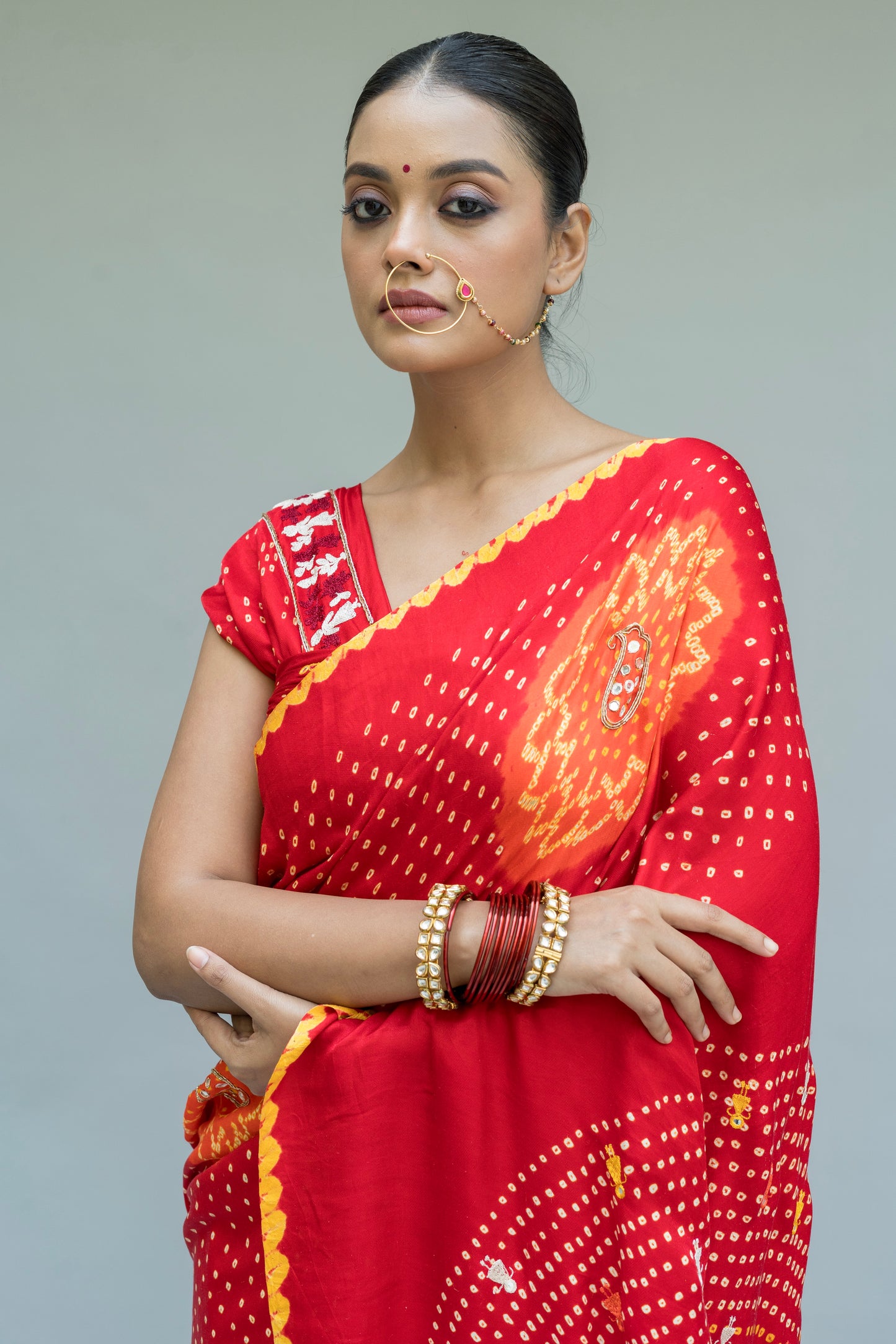 Gajji Warli Embroidered Palla Red Bandhej Saree