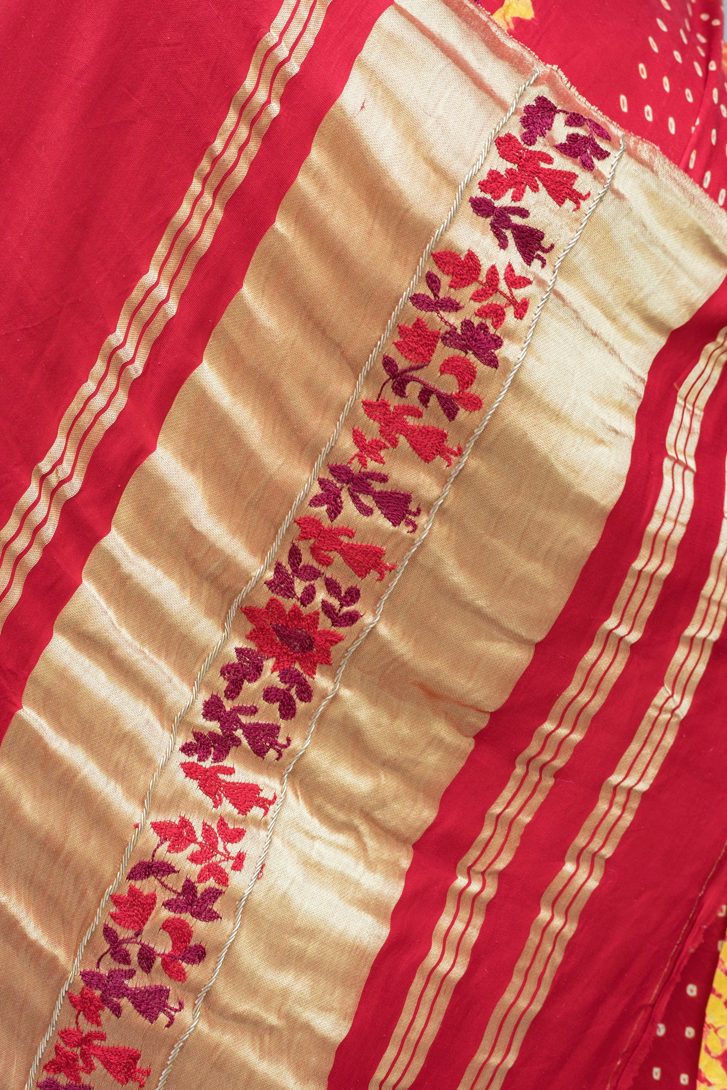 Gajji Warli Embroidered Palla Red Bandhej Saree