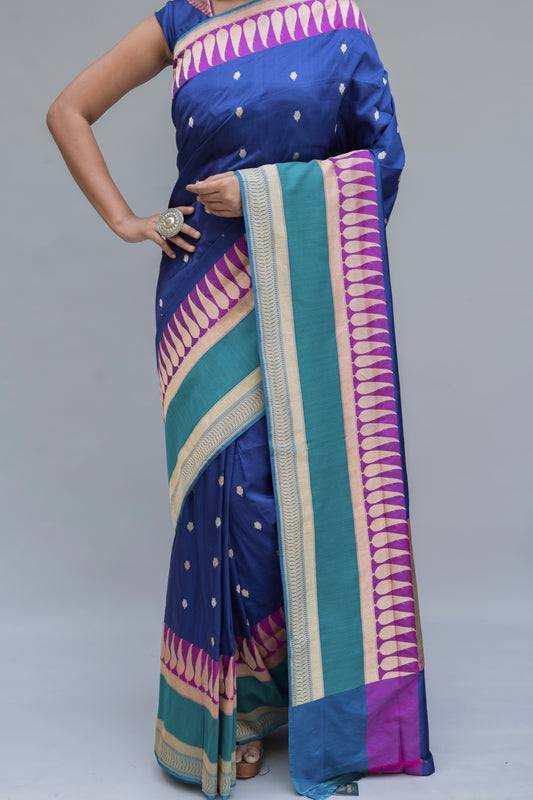 Katan Contrasting Border Blue Saree