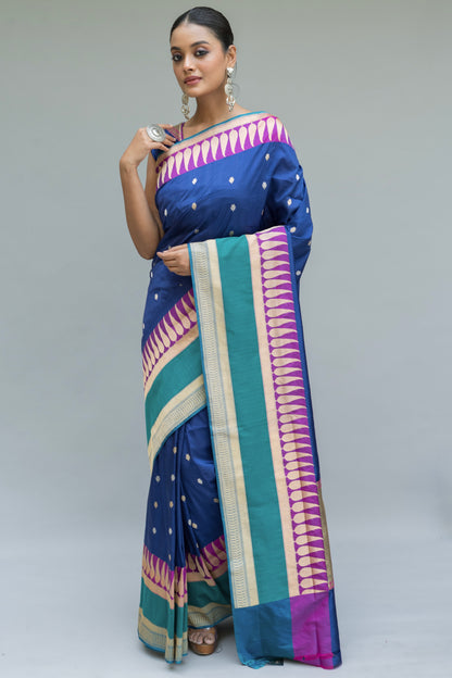 Katan Contrasting Border Blue Saree