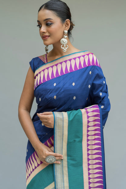 Katan Contrasting Border Blue Saree
