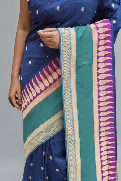 Katan Contrasting Border Blue Saree