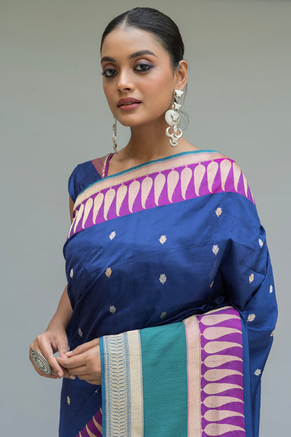 Katan Contrasting Border Blue Saree