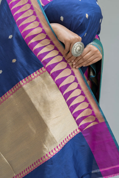 Katan Contrasting Border Blue Saree
