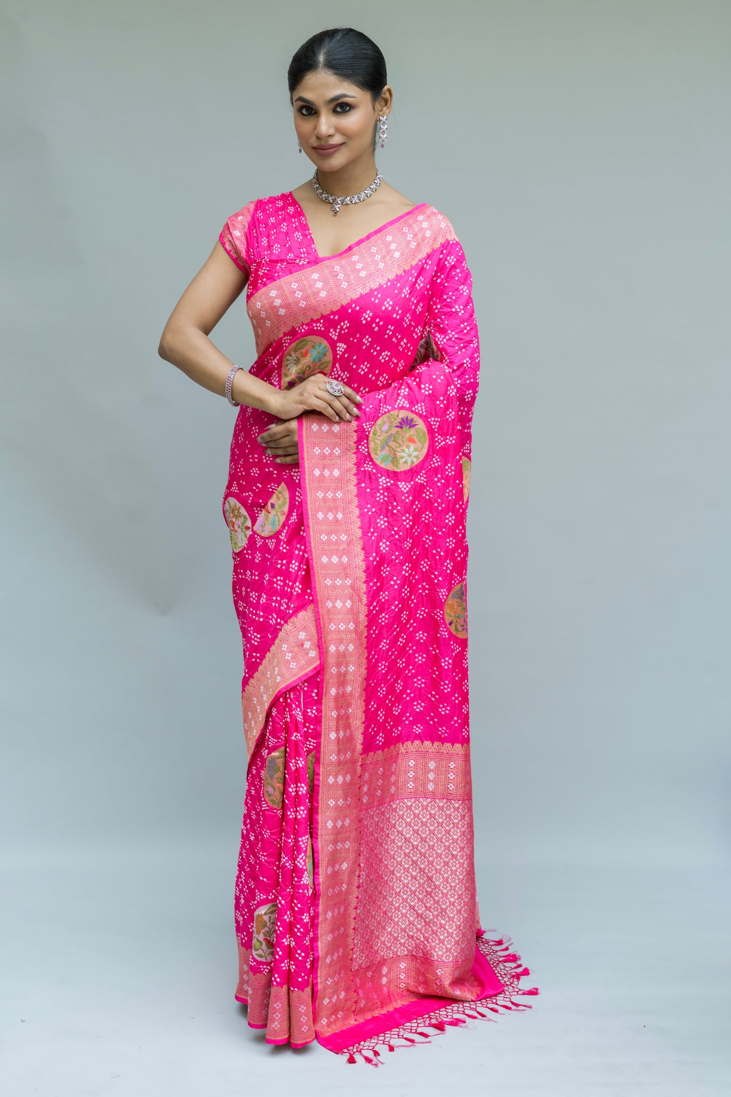 Paithani Patch Rai Dana Pink Bandhej Saree