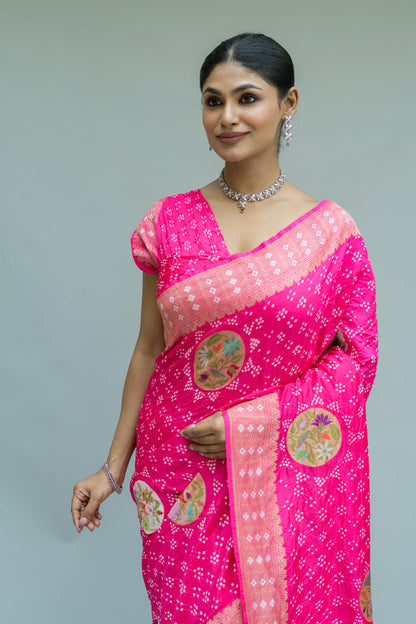 Paithani Patch Rai Dana Pink Bandhej Saree
