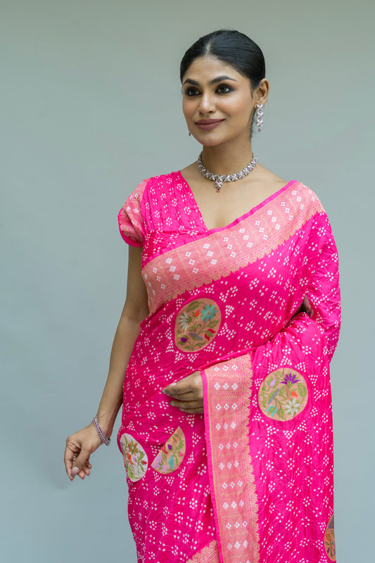 Paithani Patch Rai Dana Pink Bandhej Saree