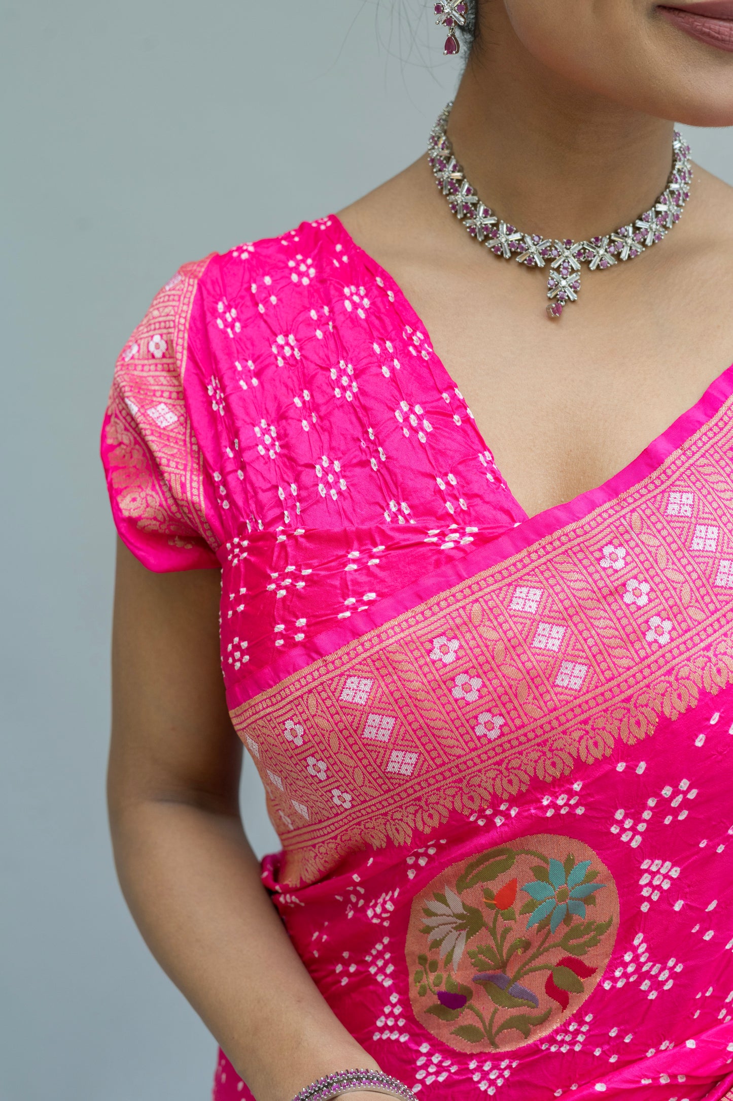 Paithani Patch Rai Dana Pink Bandhej Saree