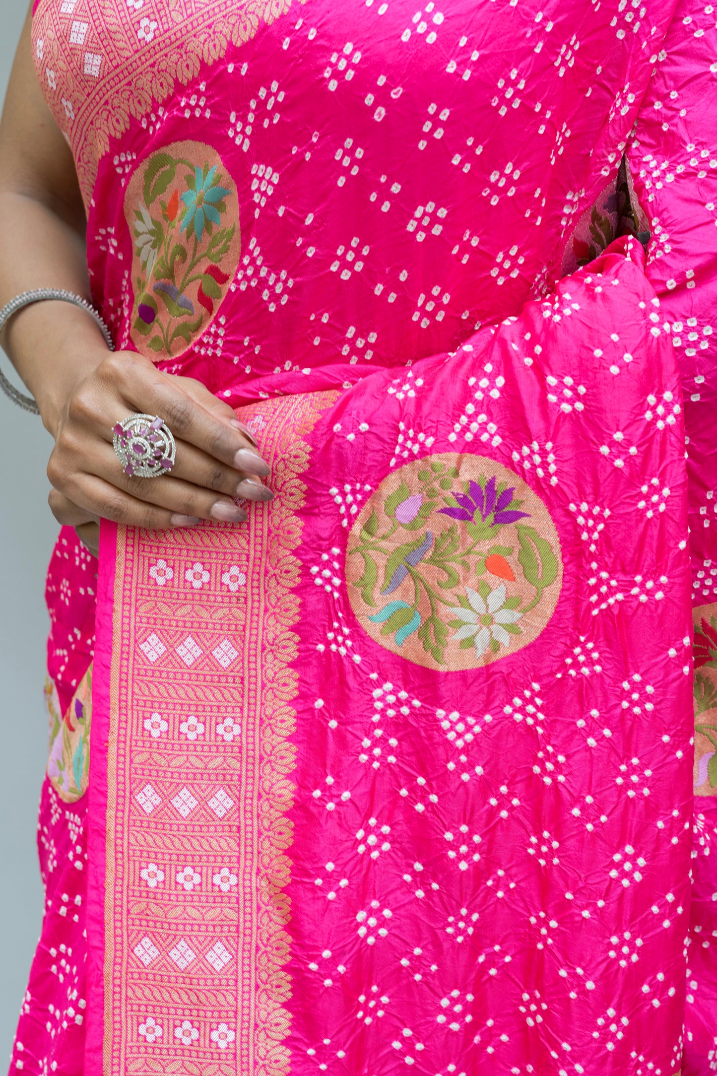 Paithani Patch Rai Dana Pink Bandhej Saree