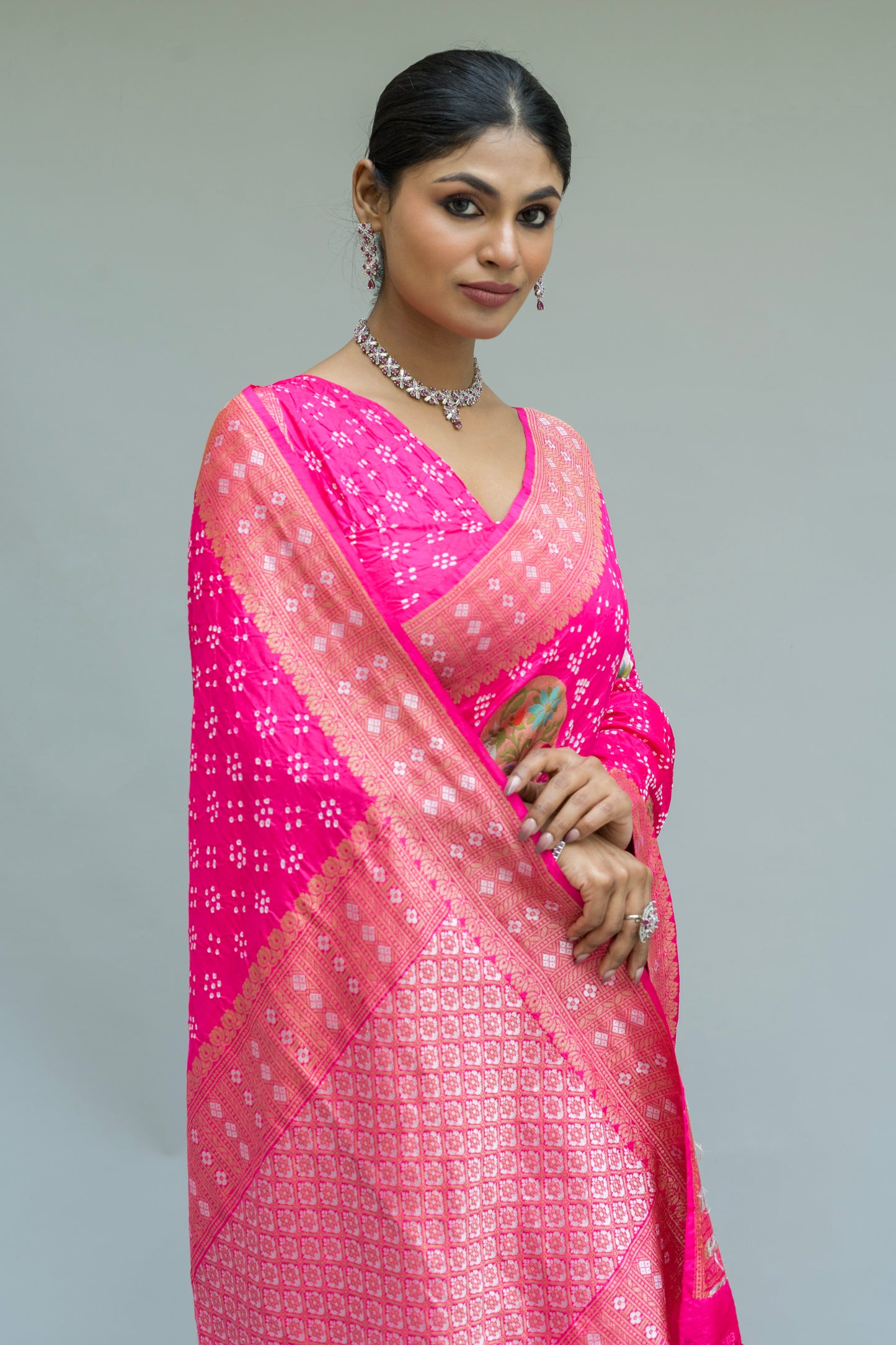 Paithani Patch Rai Dana Pink Bandhej Saree