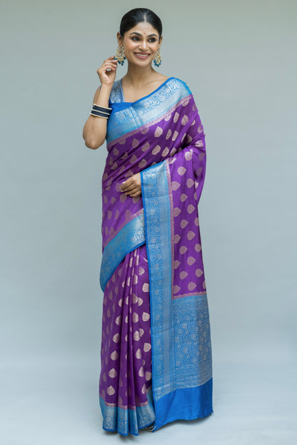 Handloom Chiniya Silk Purple-Blue Saree