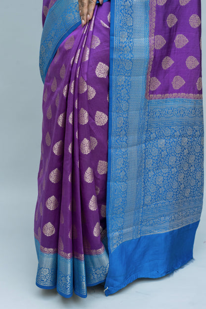 Handloom Chiniya Silk Purple-Blue Saree