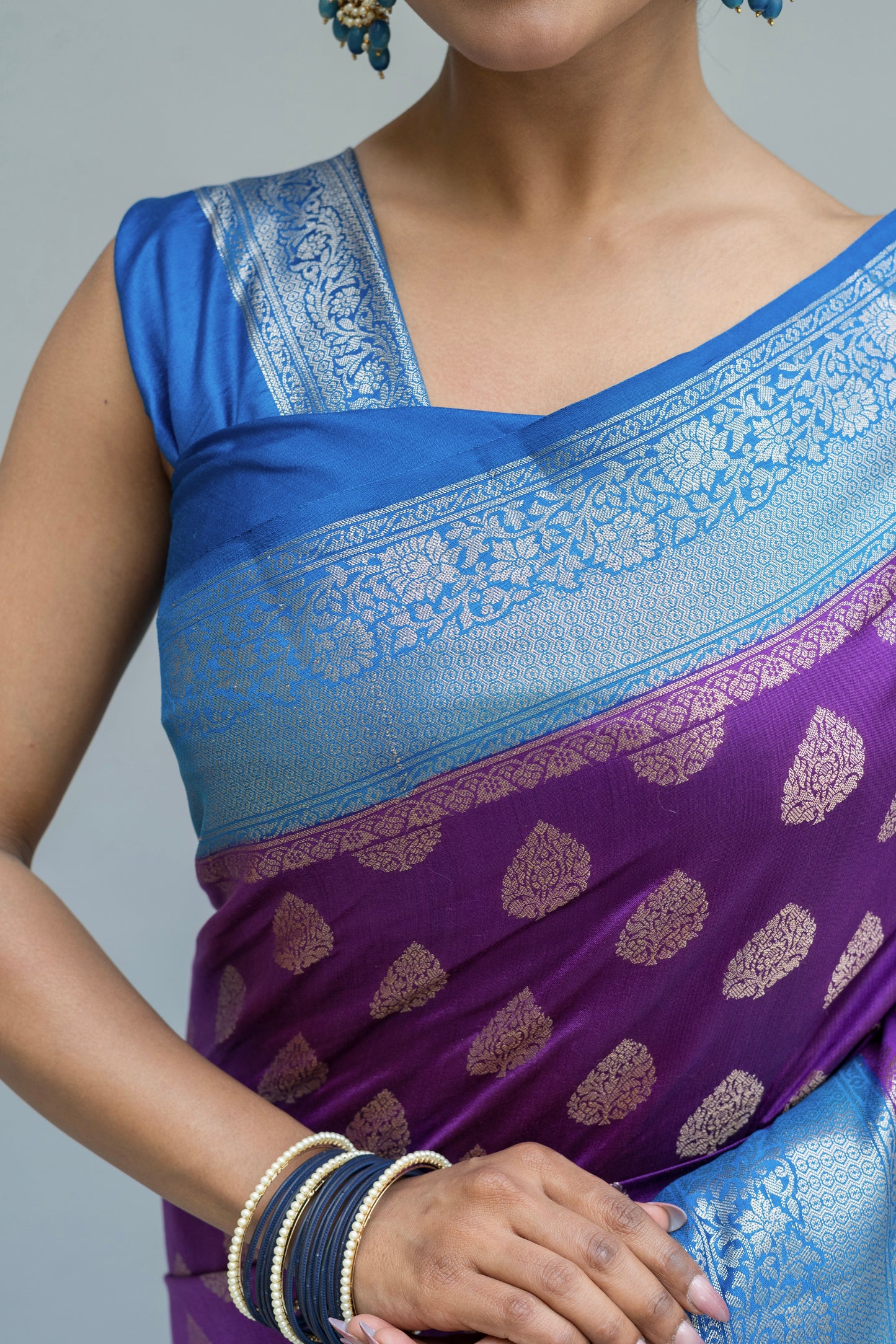 Handloom Chiniya Silk Purple-Blue Saree