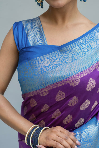 Handloom Chiniya Silk Purple-Blue Saree