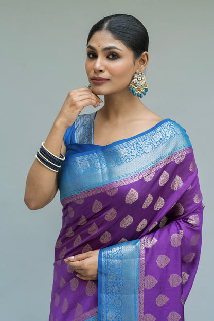 Handloom Chiniya Silk Purple-Blue Saree