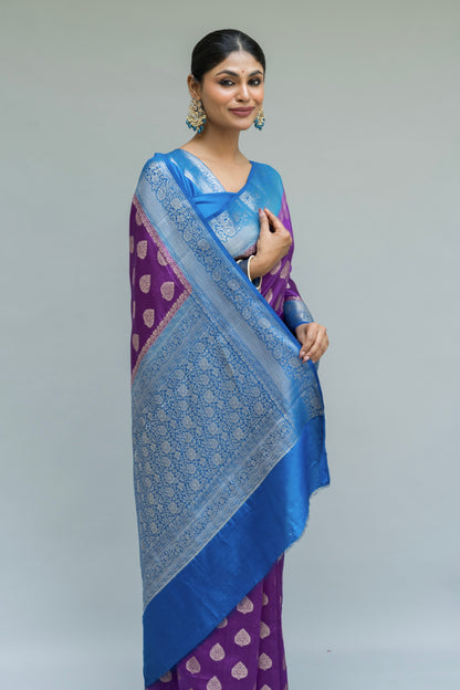 Handloom Chiniya Silk Purple-Blue Saree