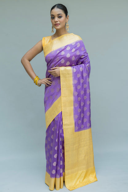 Handloom Chiniya Lavender Yellow Saree