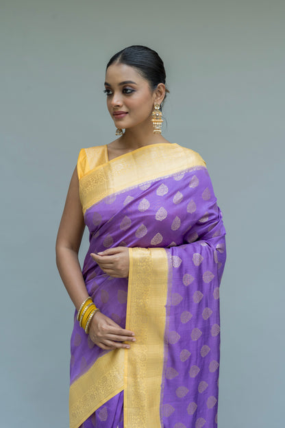 Handloom Chiniya Lavender Yellow Saree