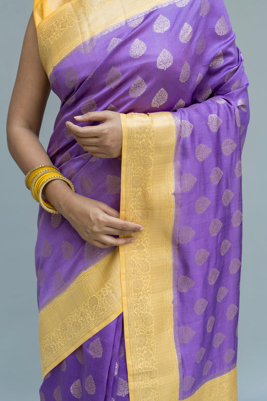 Handloom Chiniya Lavender Yellow Saree