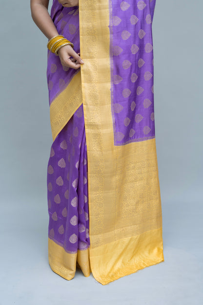Handloom Chiniya Lavender Yellow Saree