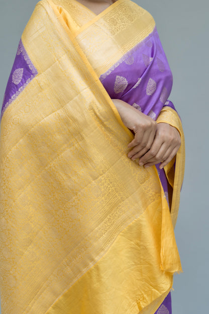 Handloom Chiniya Lavender Yellow Saree