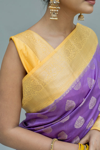 Handloom Chiniya Lavender Yellow Saree