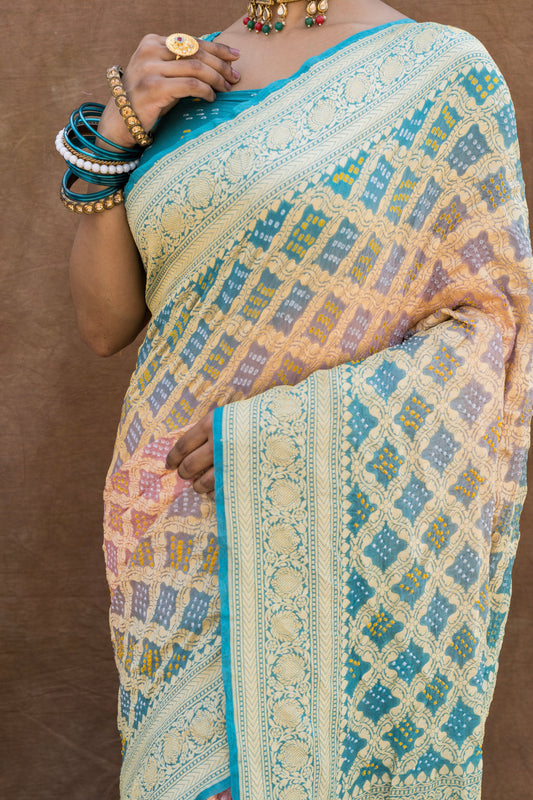 Georgette Peach-Blue Ombre Bandhej Saree