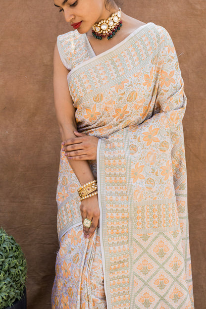Off White - Light Orange Floral Tanchoi Saree