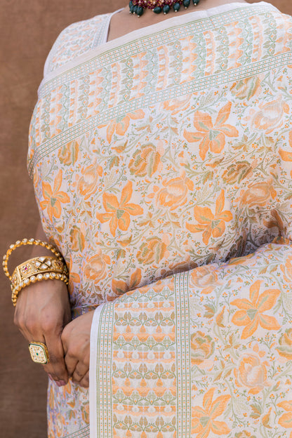 Off White - Light Orange Floral Tanchoi Saree