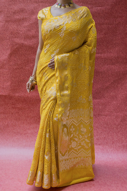 Chiniya Sona Rupa Boota Yellow Bandhej Saree