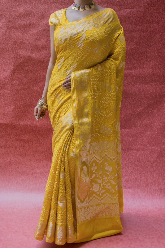 Chiniya Sona Rupa Boota Yellow Bandhej Saree