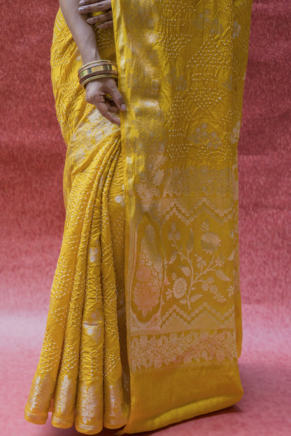 Chiniya Sona Rupa Boota Yellow Bandhej Saree