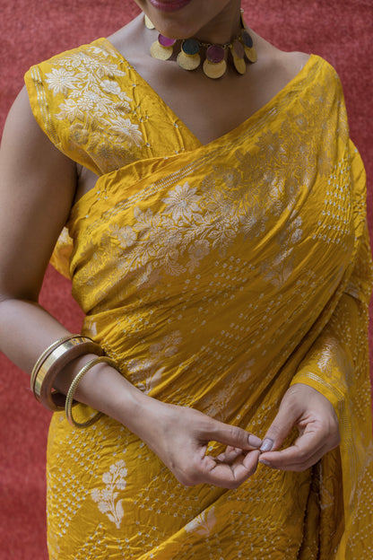 Chiniya Sona Rupa Boota Yellow Bandhej Saree