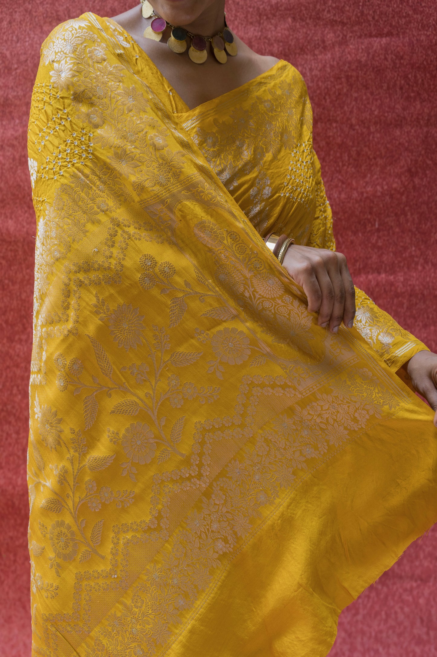 Chiniya Sona Rupa Boota Yellow Bandhej Saree