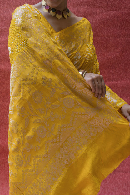 Chiniya Sona Rupa Boota Yellow Bandhej Saree