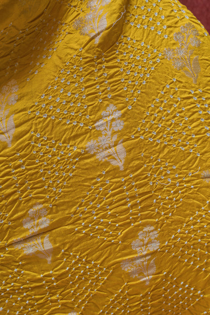 Chiniya Sona Rupa Boota Yellow Bandhej Saree