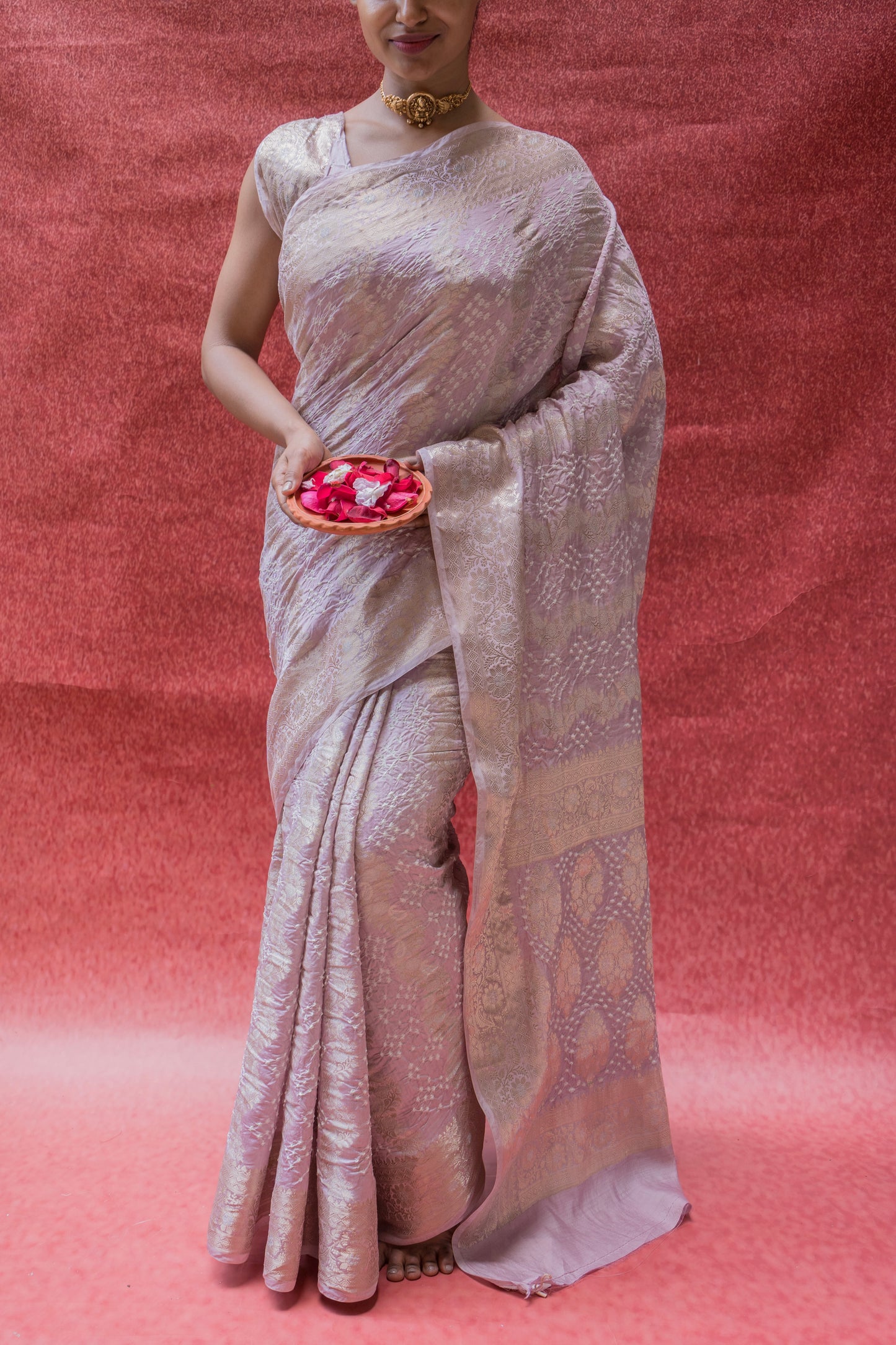 Chiniya Sona Rupa Kaeri Stripes Bandhej Pastel Lilac Saree