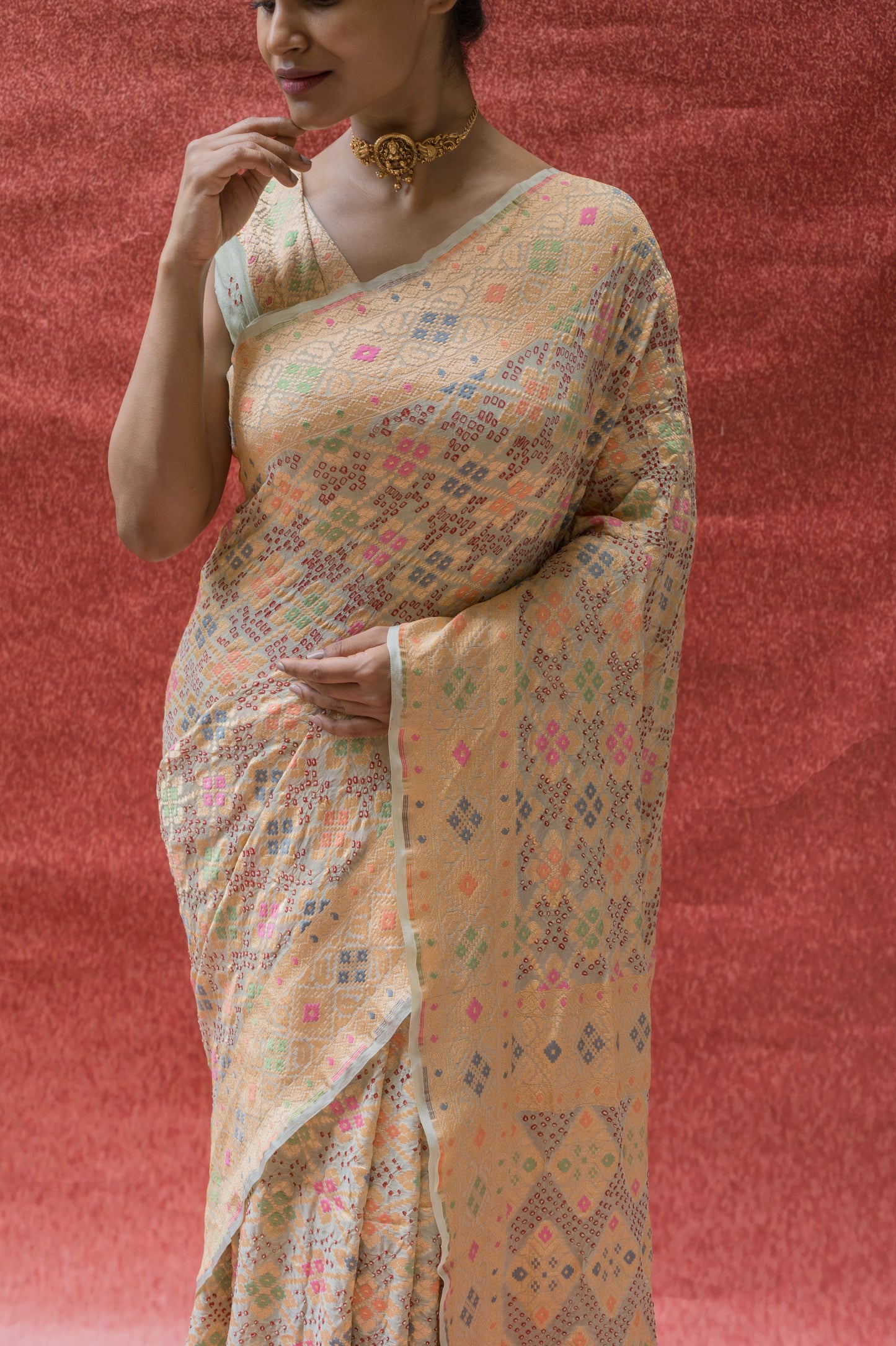 Georgette Patola Meenakari Light Green Bandhej Saree