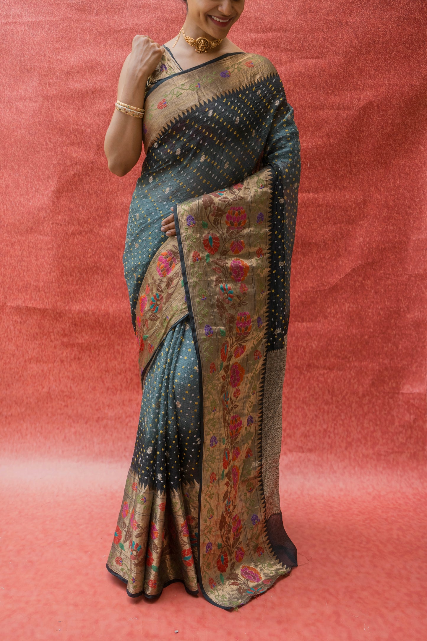 Kota Doria Paithani Meenakari Ombre Grey Bandhej Saree