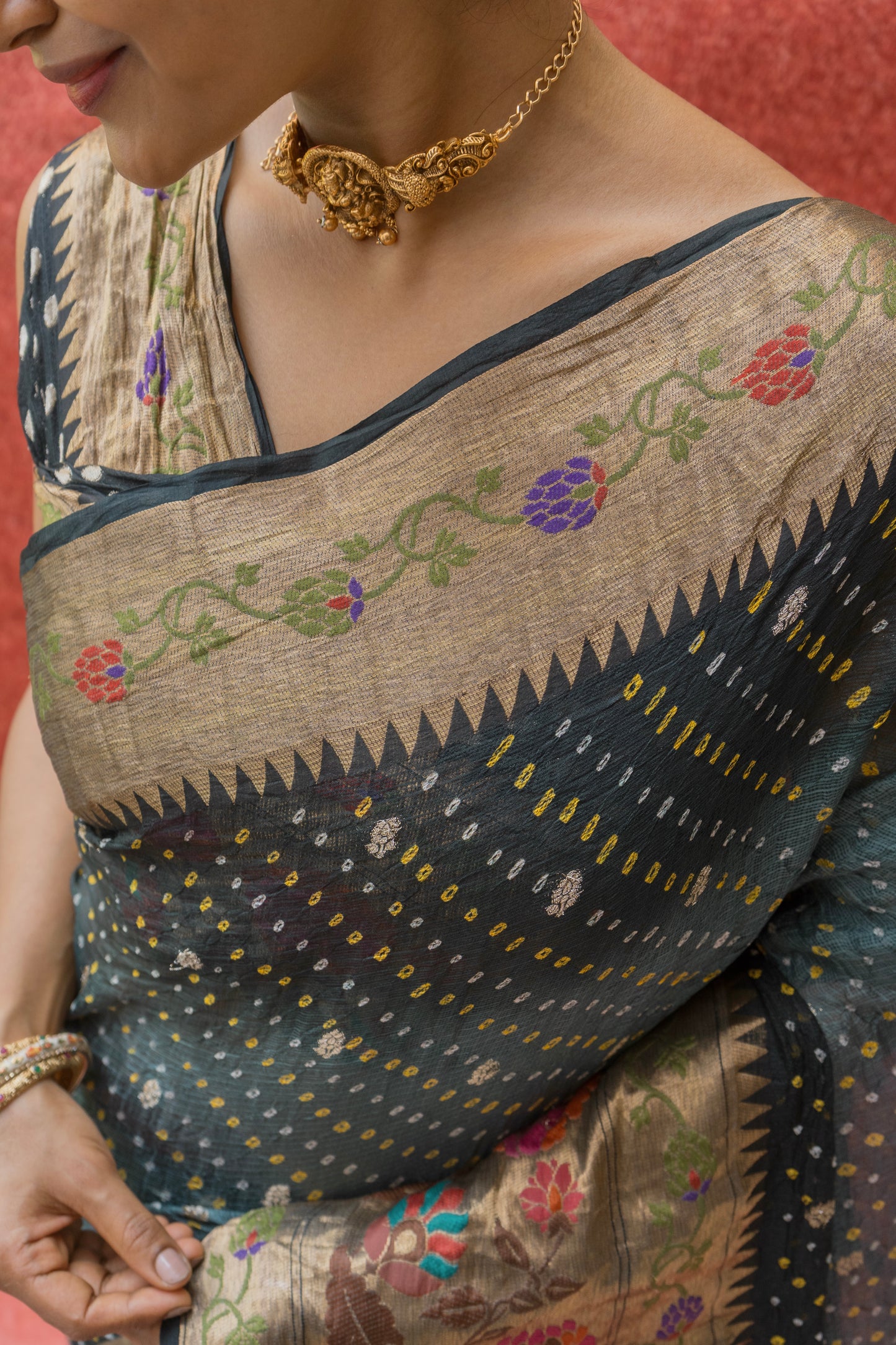 Kota Doria Paithani Meenakari Ombre Grey Bandhej Saree
