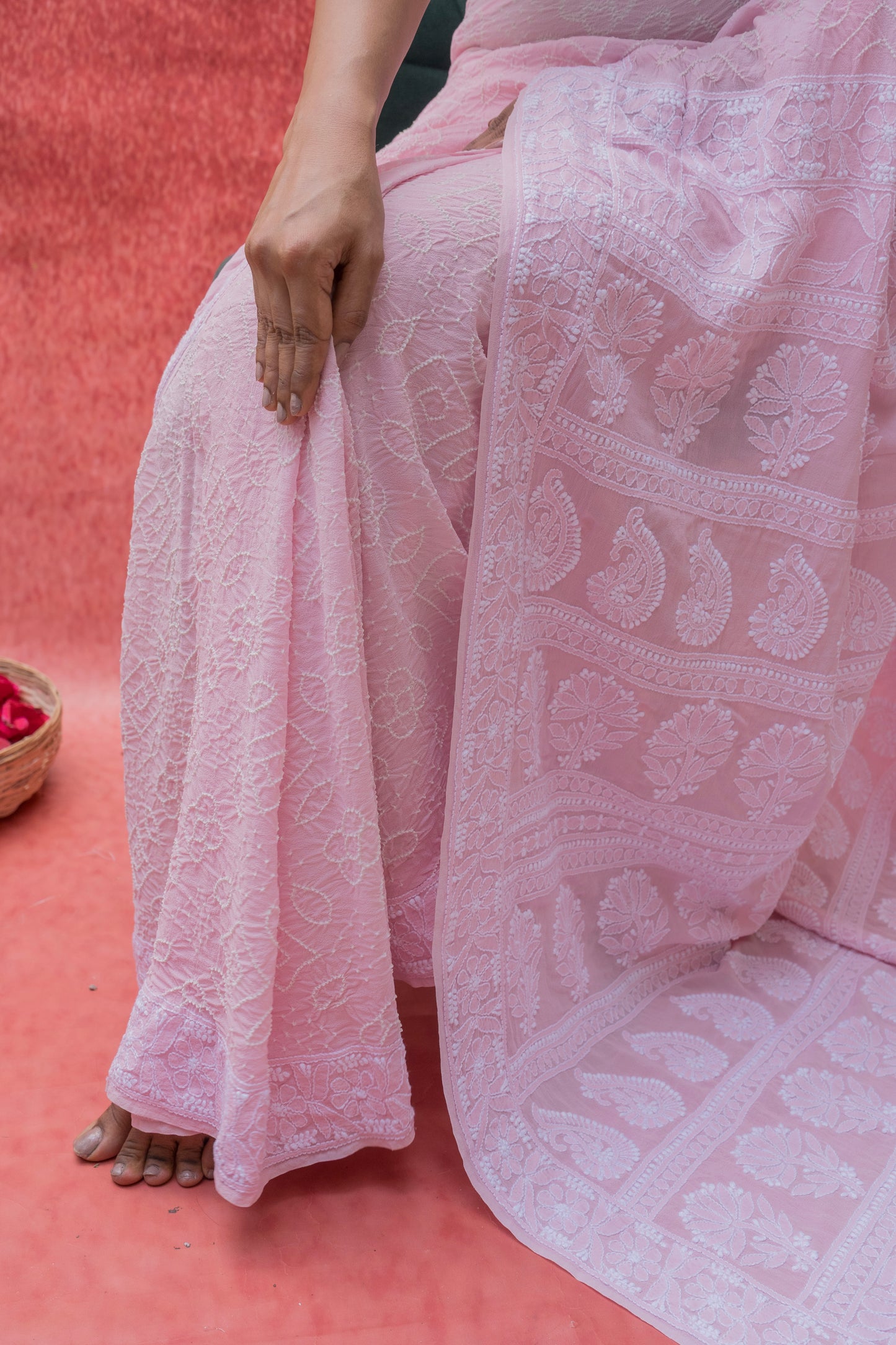 Georgette Lucknowi Baby Pink Bandhej Saree