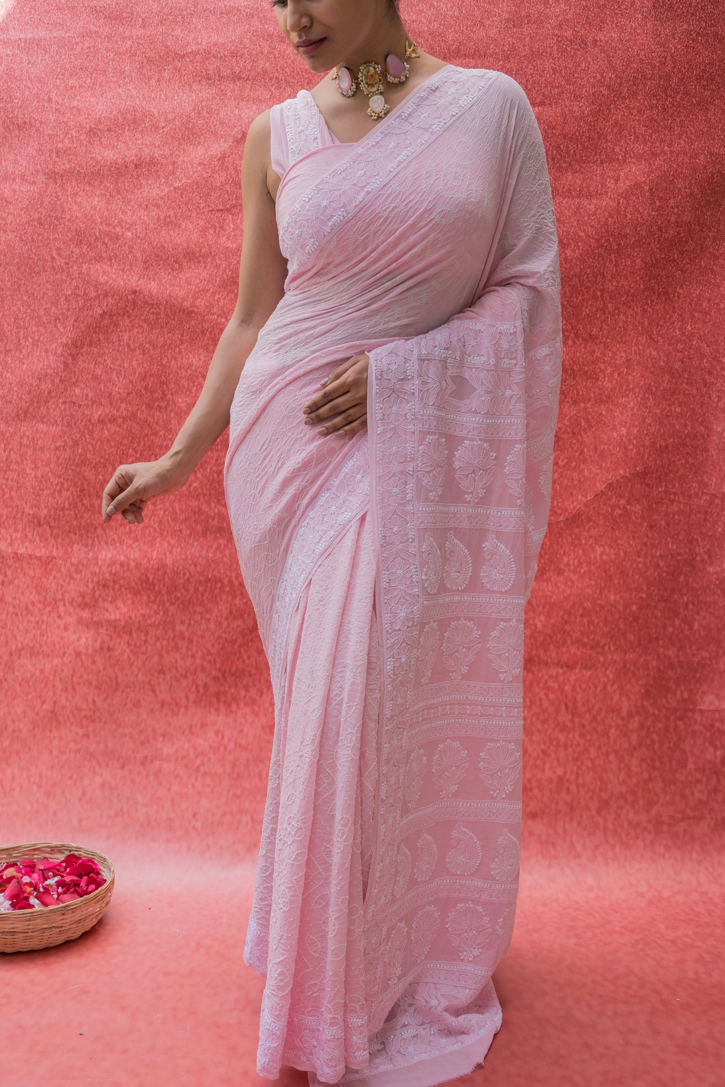 Georgette Lucknowi Baby Pink Bandhej Saree