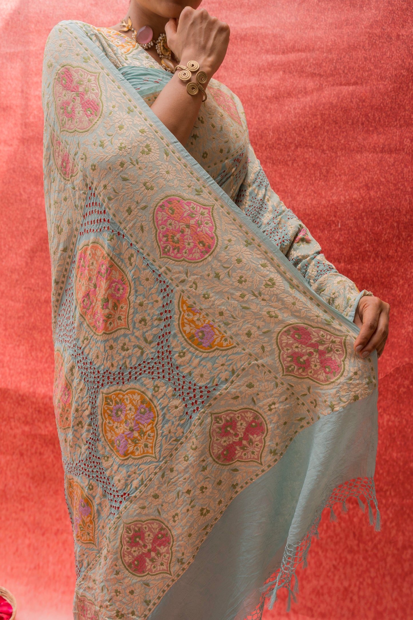 Georgette Parsi Jaal Red Rai Dana Pastel Blue Bandhej Saree
