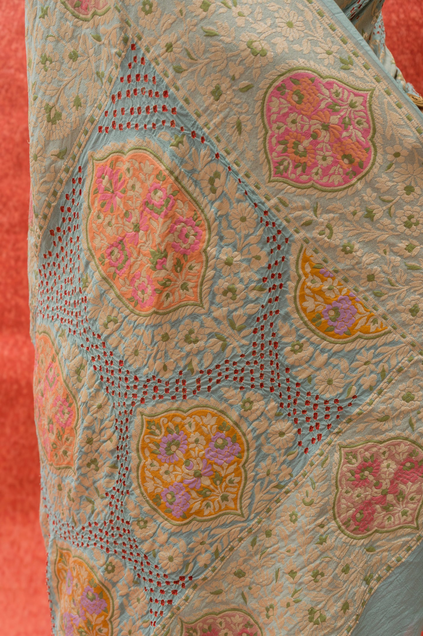 Georgette Parsi Jaal Red Rai Dana Pastel Blue Bandhej Saree