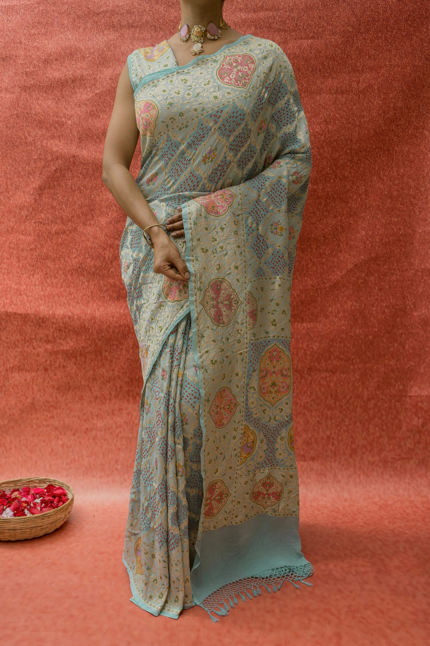 Georgette Parsi Jaal Red Rai Dana Pastel Blue Bandhej Saree