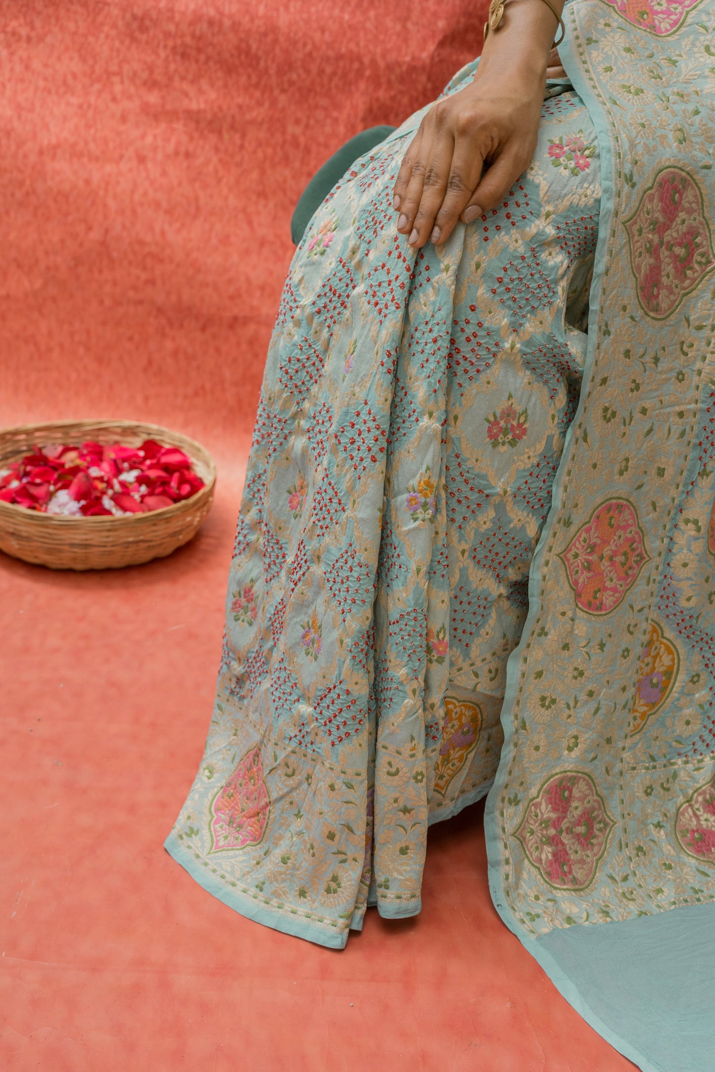 Georgette Parsi Jaal Red Rai Dana Pastel Blue Bandhej Saree