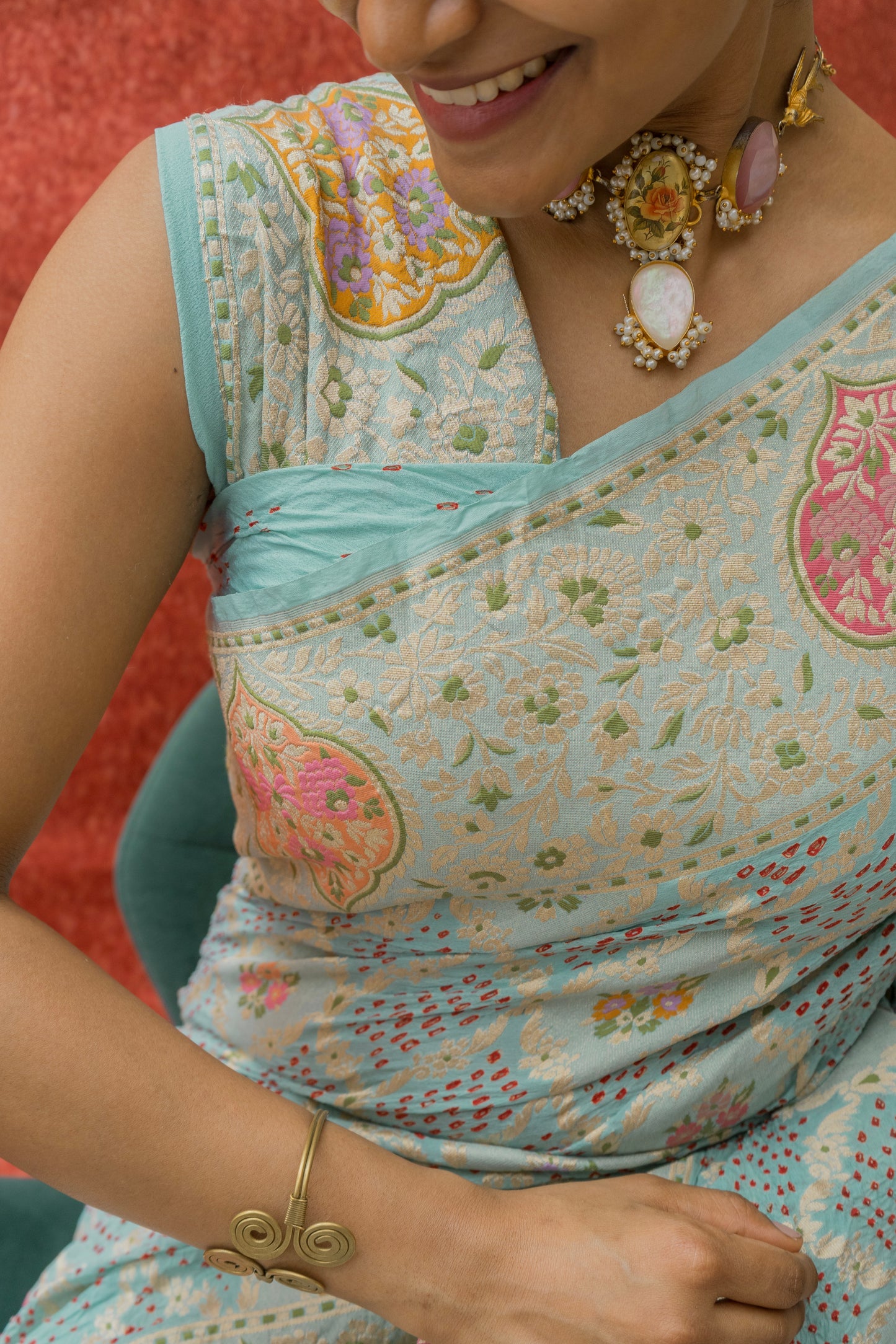 Georgette Parsi Jaal Red Rai Dana Pastel Blue Bandhej Saree